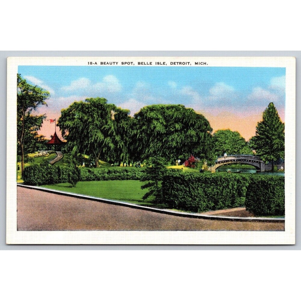 Vintage Belle Isle Detroit Michigan Postcard Beauty Spot Linen 1930-40s Unposted